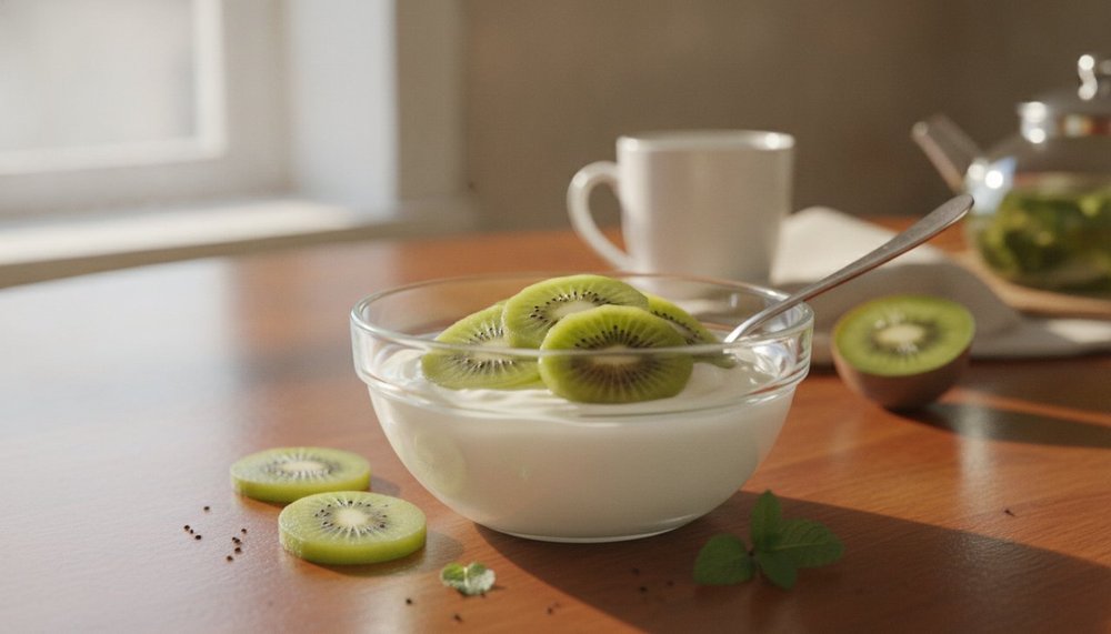 Bol de kiwis tranchés avec yaourt nature en collation saine