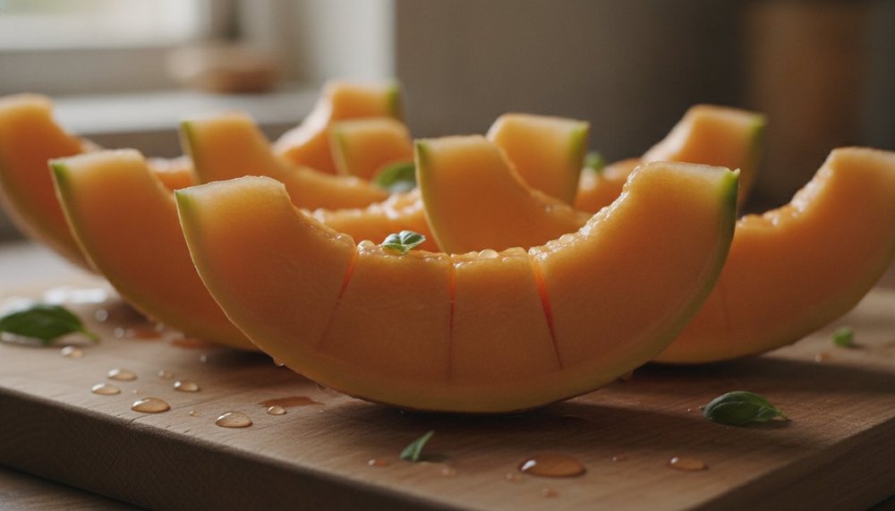Tranches de melon charentais à la chair orange sur une planche en bois