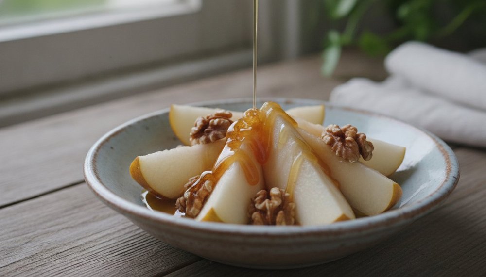 Poire en collation avec yaourt et noix idéale pour la satiété
