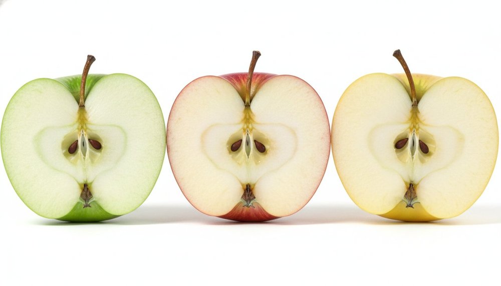 Différentes variétés de pommes vertes, rouges et jaunes avec leurs calories