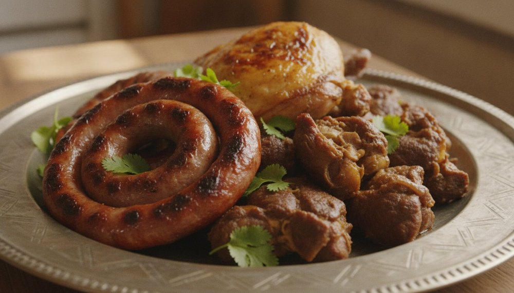 Merguez, poulet et agneau grillés du couscous royal sur plat traditionnel