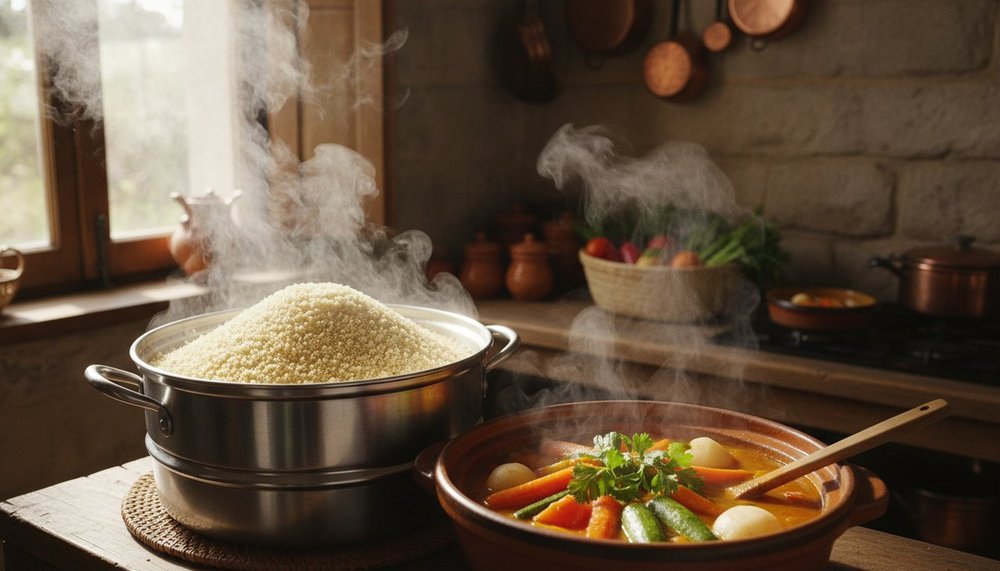 Semoule de couscous vapeur et legumes du bouillon dans un couscoussier