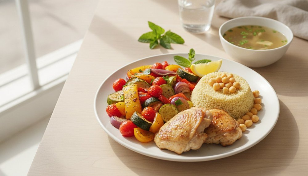 Assiette de couscous maison allegee riche en legumes avec poulet sans peau