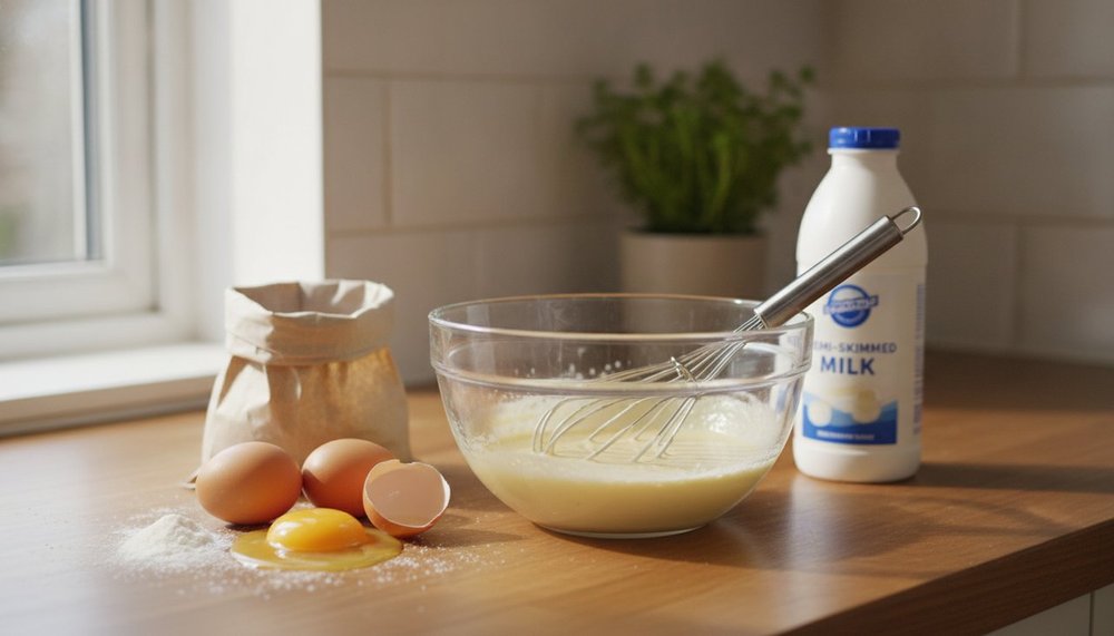 preparation de pate a crepes allegee avec lait demi ecreme farine et oeufs dans un bol