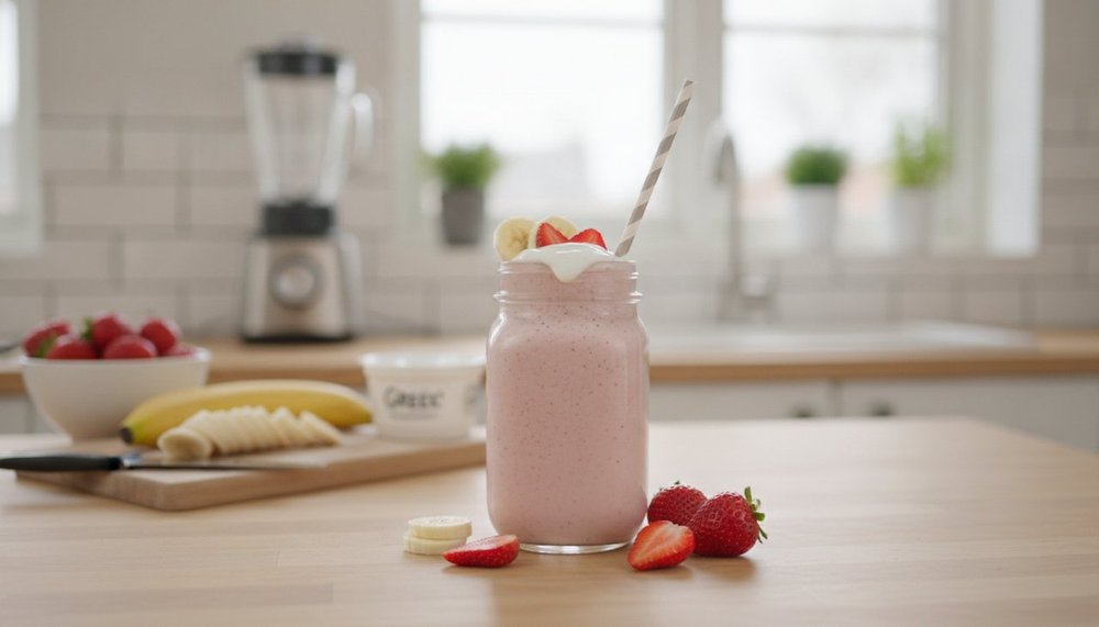 Milkshake maison allégé à la banane et aux fraises préparé au blender