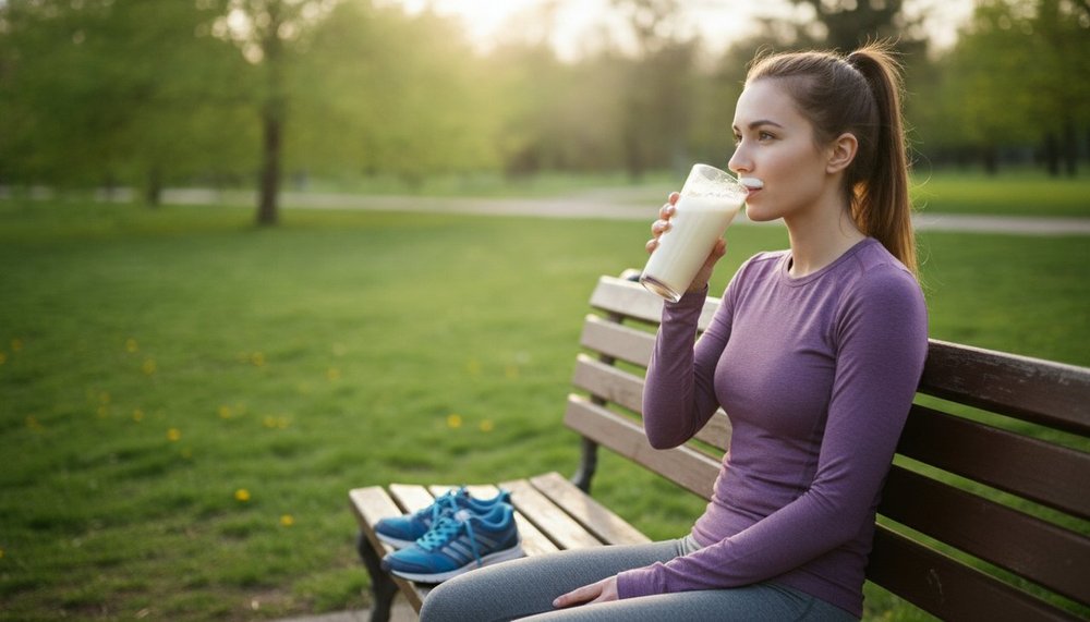 Sportive buvant un milkshake protéiné après l'entraînement pour compenser les calories