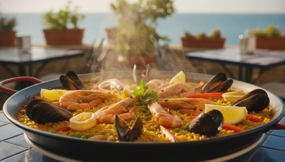 paella aux fruits de mer avec crevettes moules et calamars dans un plat traditionnel