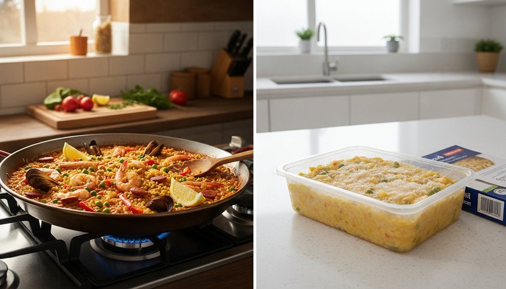 comparaison entre paella maison cuisinée dans une poêle et barquette de paella surgelée