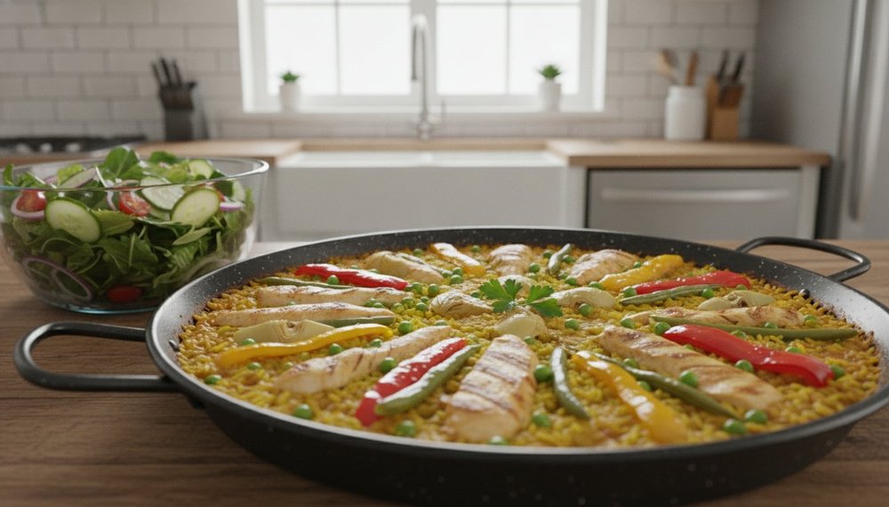 paella maison allégée riche en légumes poivrons petits pois et blanc de poulet