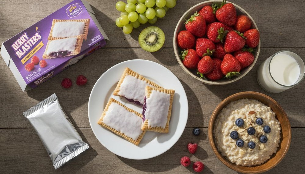 Comparaison petit-déjeuner Pop-Tarts et fruits frais sur une table