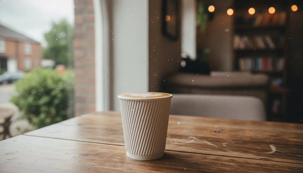 Gobelet de café latte Starbucks posé sur une table en bois avec mousse de lait