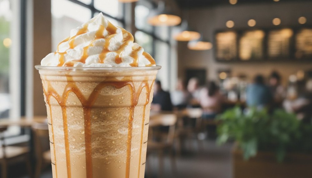 Frappuccino glacé surmonté de chantilly et de caramel dans un gobelet transparent