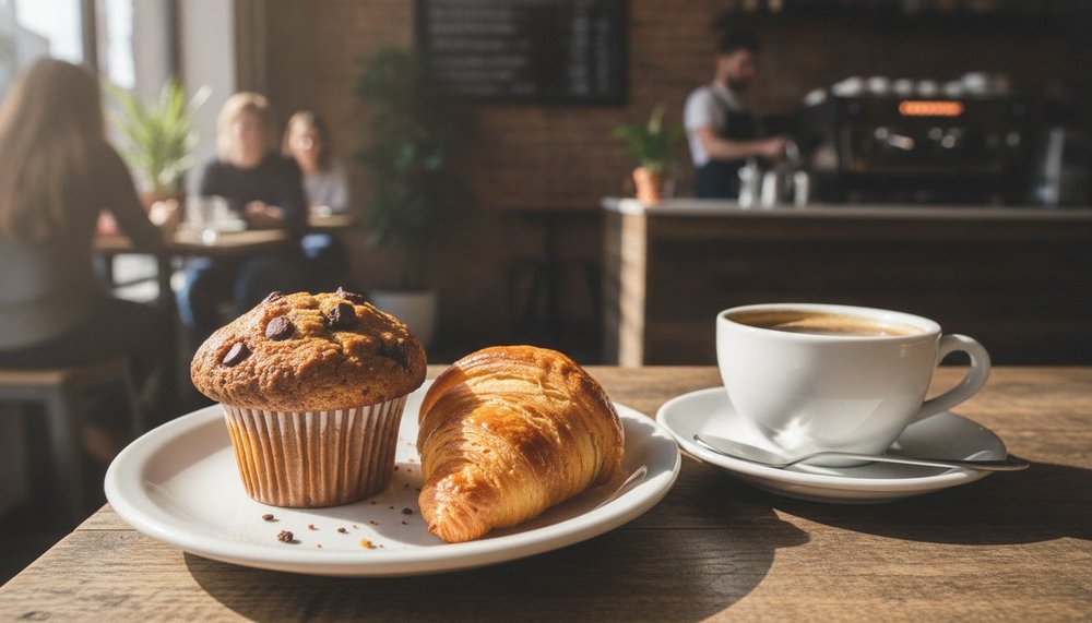 Muffin au chocolat et croissant au beurre à côté d'un café Starbucks