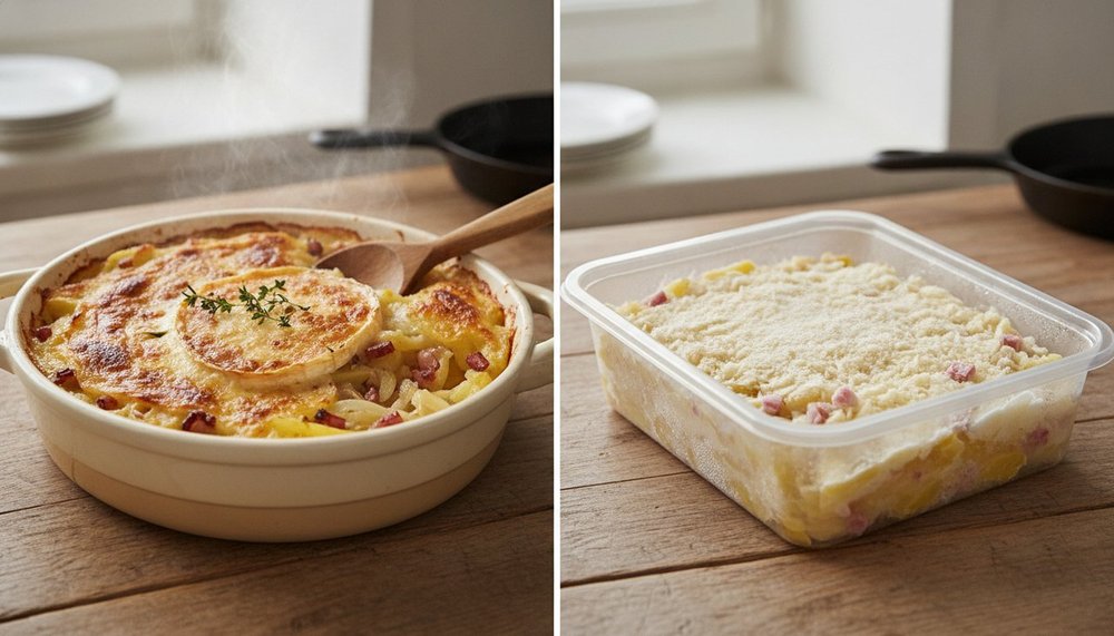comparaison tartiflette maison au four et barquette de tartiflette surgelée