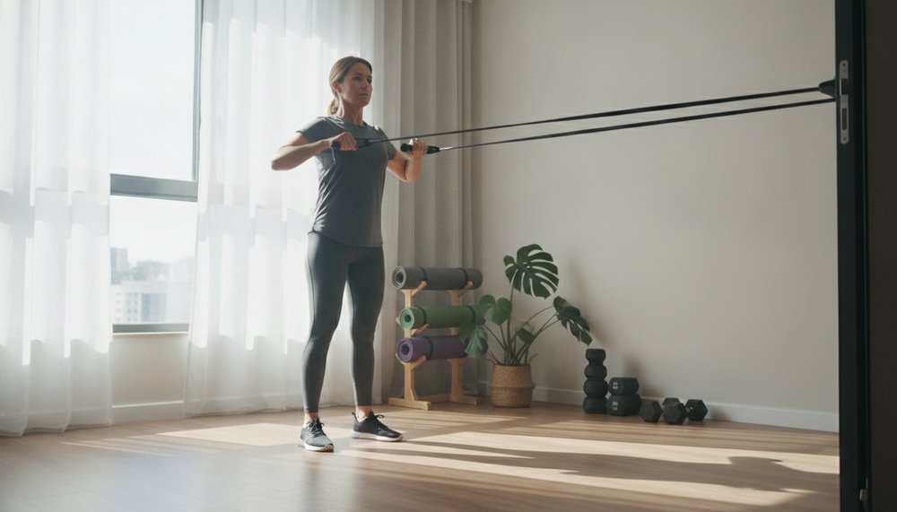 Personne réalisant un face pull à l'élastique pour les deltoïdes postérieurs et la posture