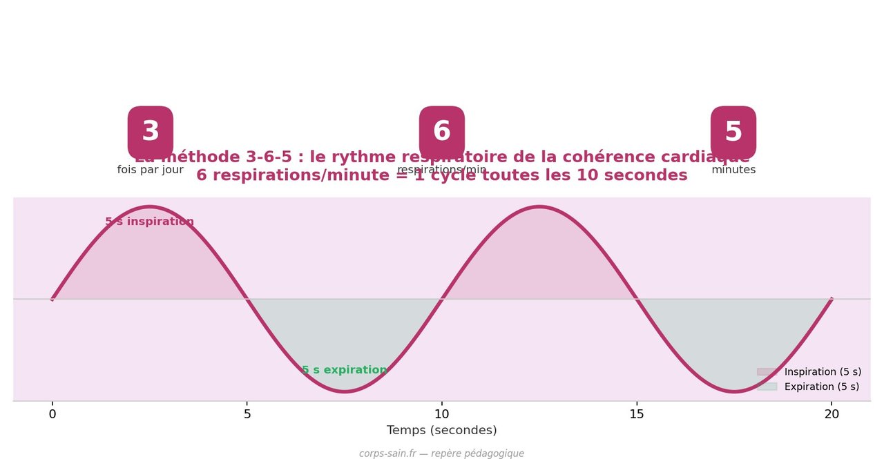 Infographie de la méthode 3-6-5 de cohérence cardiaque : rythme respiratoire