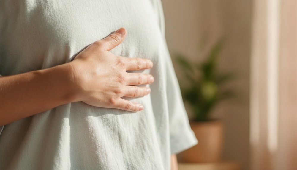 Personne pratiquant la respiration abdominale, main sur le ventre