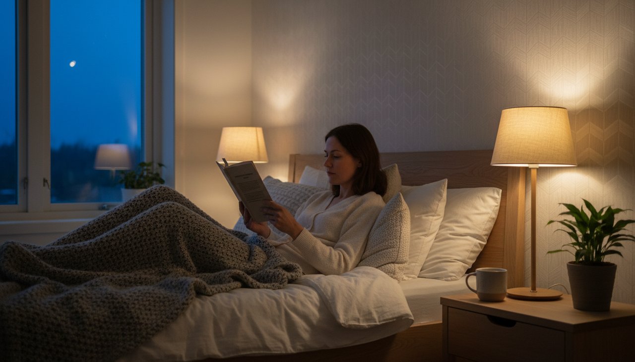 Femme adulte lisant dans son lit avant de dormir