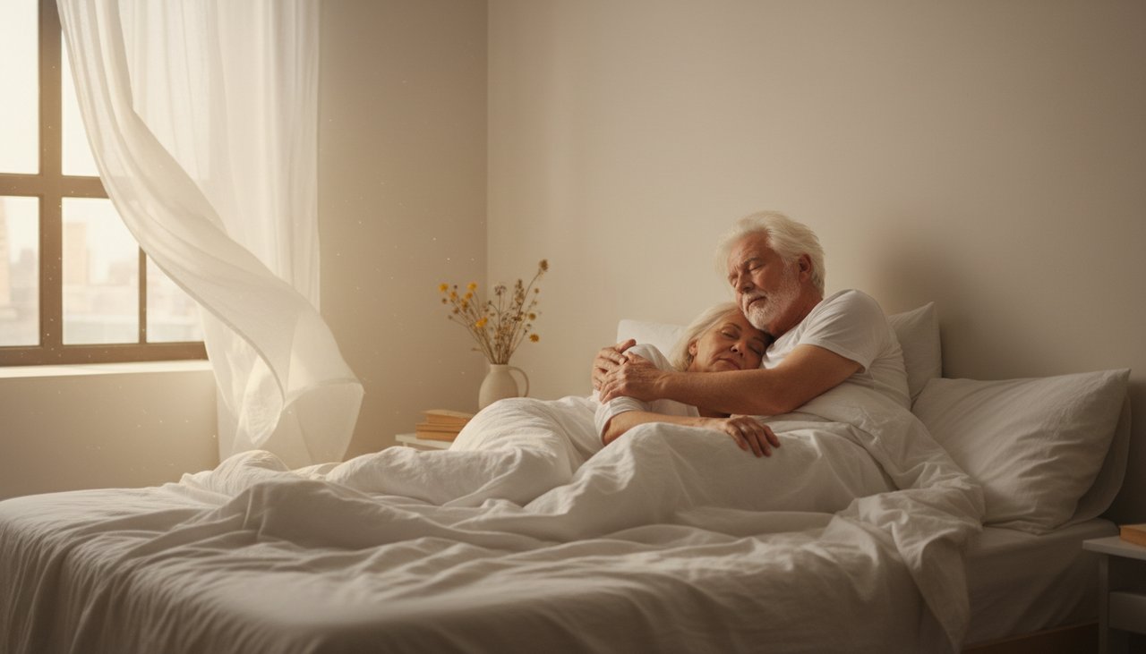 Couple senior dormant paisiblement chambre lumière matinale
