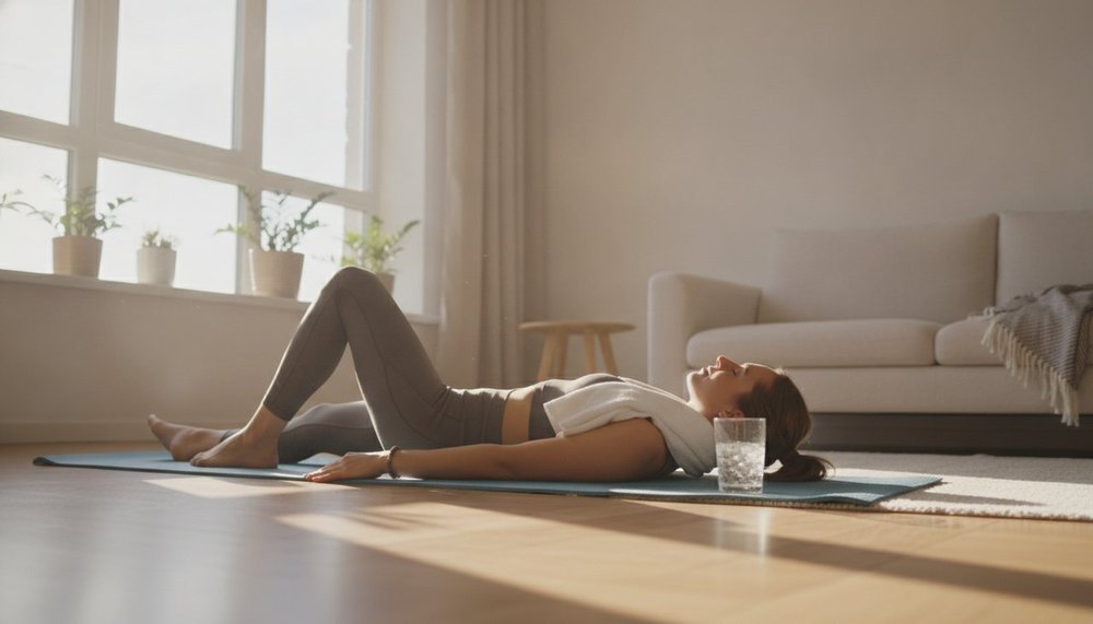 Femme au repos après une séance de sport à domicile, phase de récupération