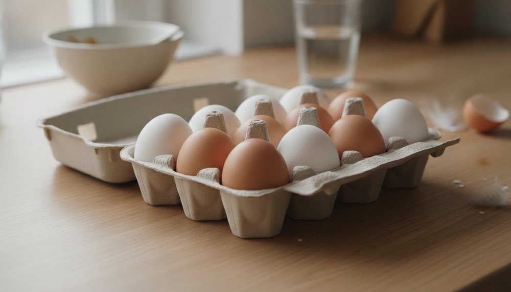 Œufs bruns et blancs dans une boîte sur un plan de travail de cuisine