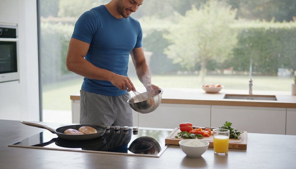 Personne en tenue de sport préparant une omelette riche en protéines dans une cuisine lumineuse