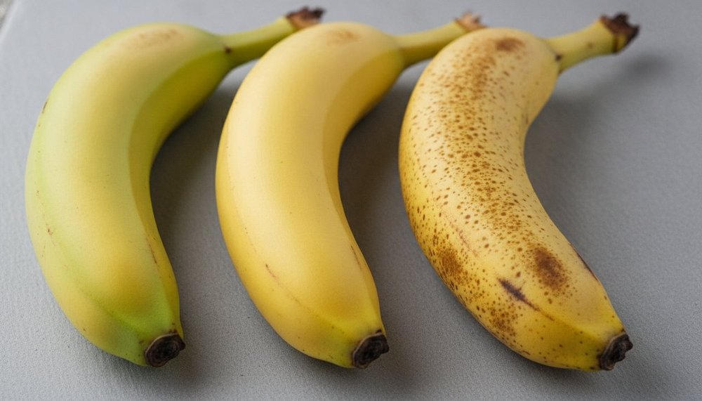 Trois bananes à des stades de maturité différents : verte, jaune et tachetée
