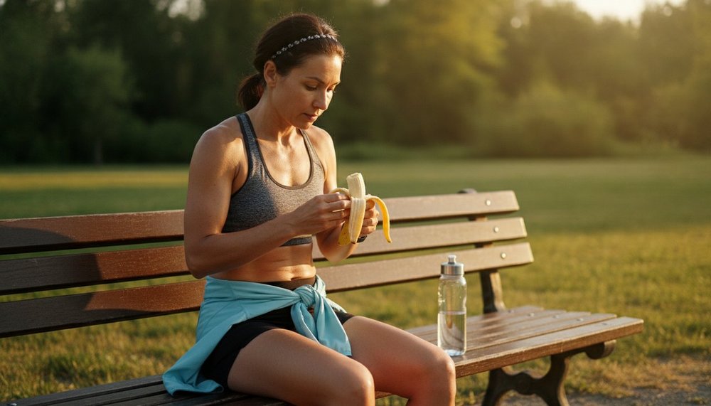 Sportive mangeant une banane après une séance de course à pied