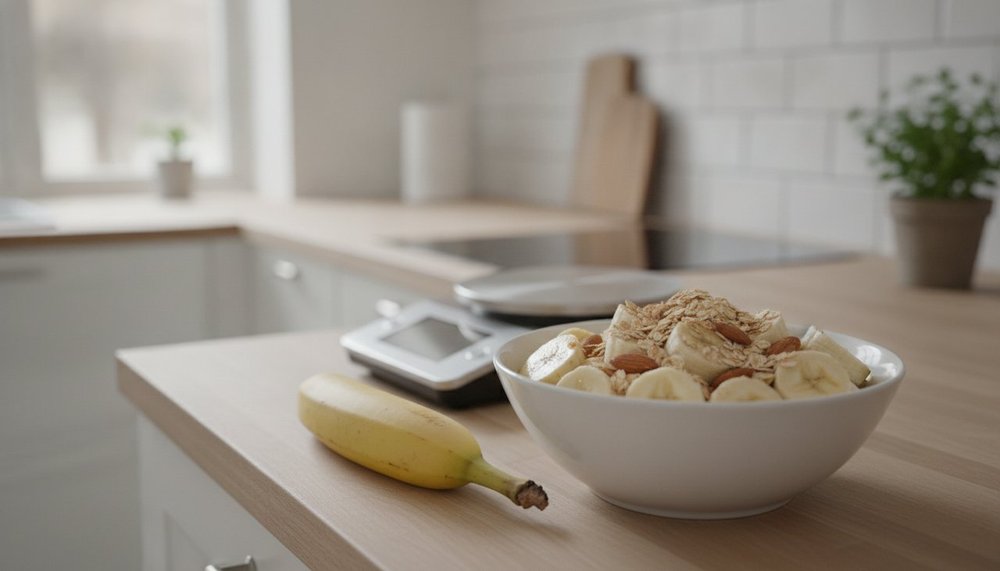 Portion de banane entière comparée à un bol de banane tranchée avec flocons d'avoine