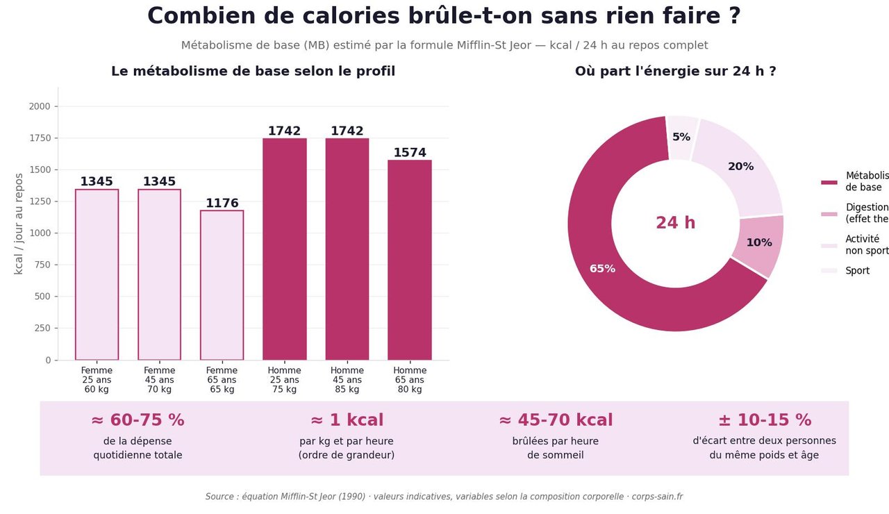 Infographie : combien de calories brûle-t-on par jour sans rien faire selon le profil et répartition de la dépense énergétique sur 24 heures