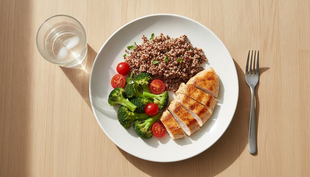 Assiette équilibrée protéines légumes quinoa pour couvrir son métabolisme de base