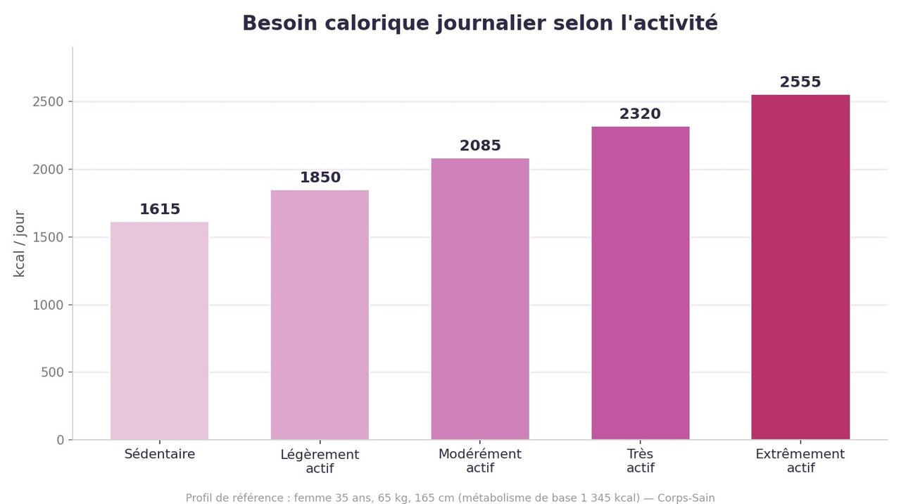 Infographie du besoin calorique journalier selon le niveau d'activité