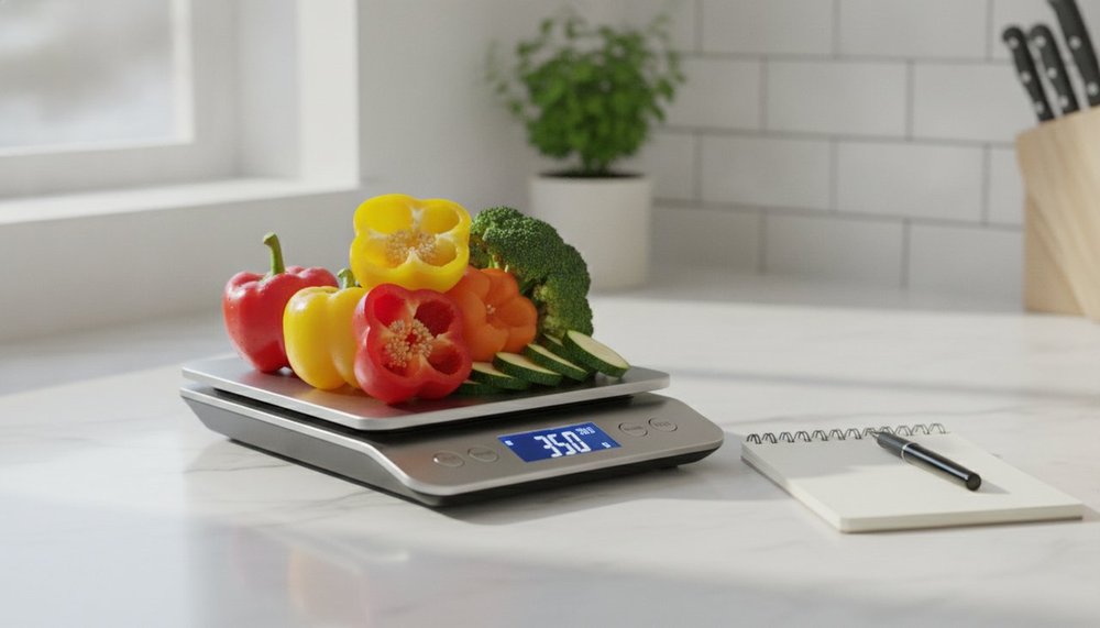 Balance de cuisine avec des aliments frais et un carnet de suivi des calories
