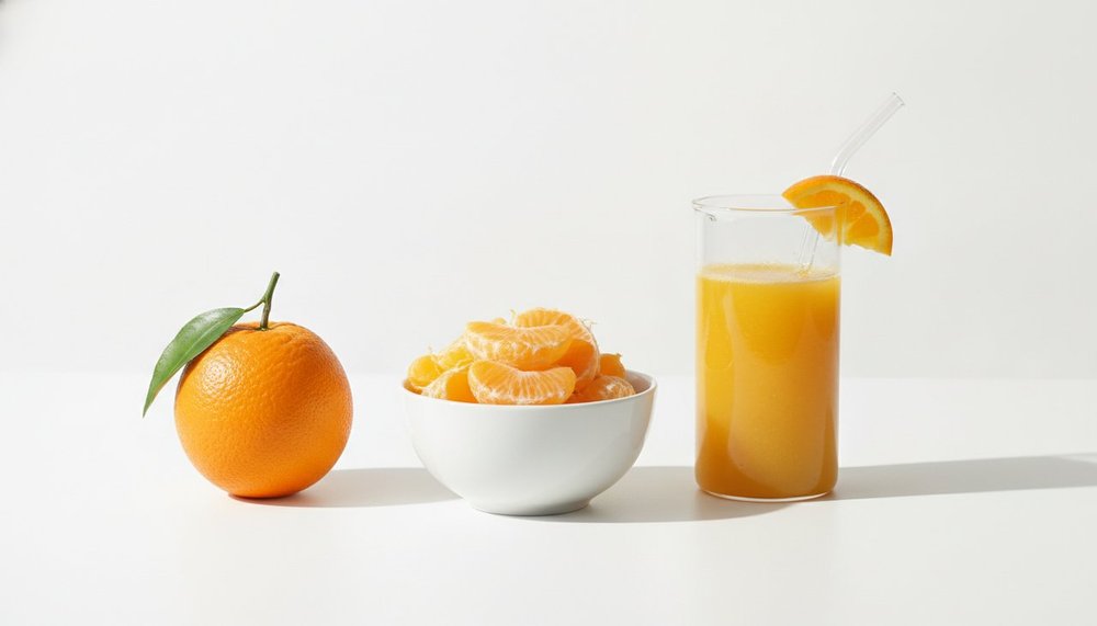 Orange entière, quartiers et verre de jus d'orange comparés