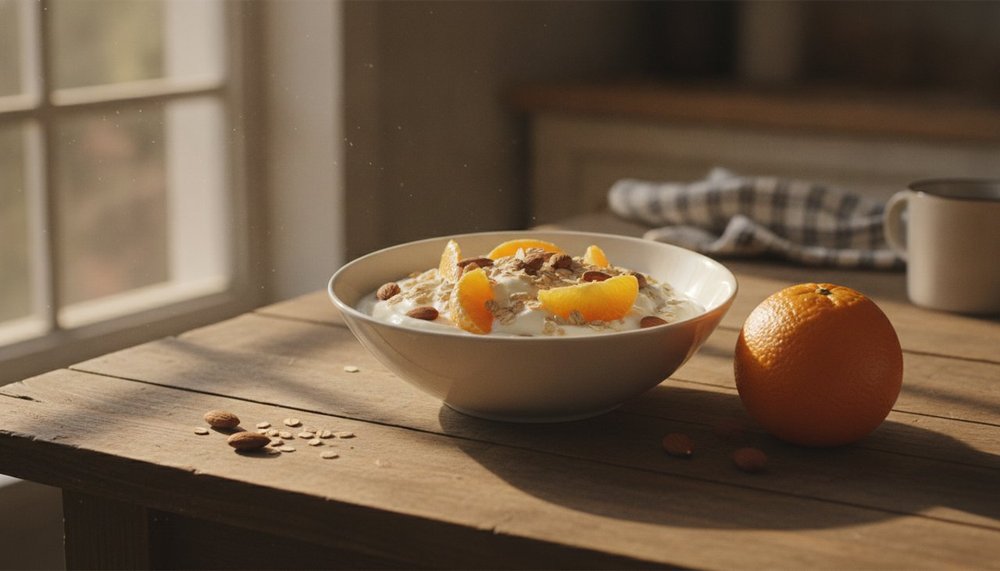 Petit-déjeuner avec yaourt, quartiers d'orange et amandes