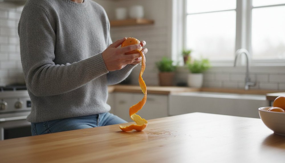Personne épluchant une orange fraîche dans une cuisine lumineuse