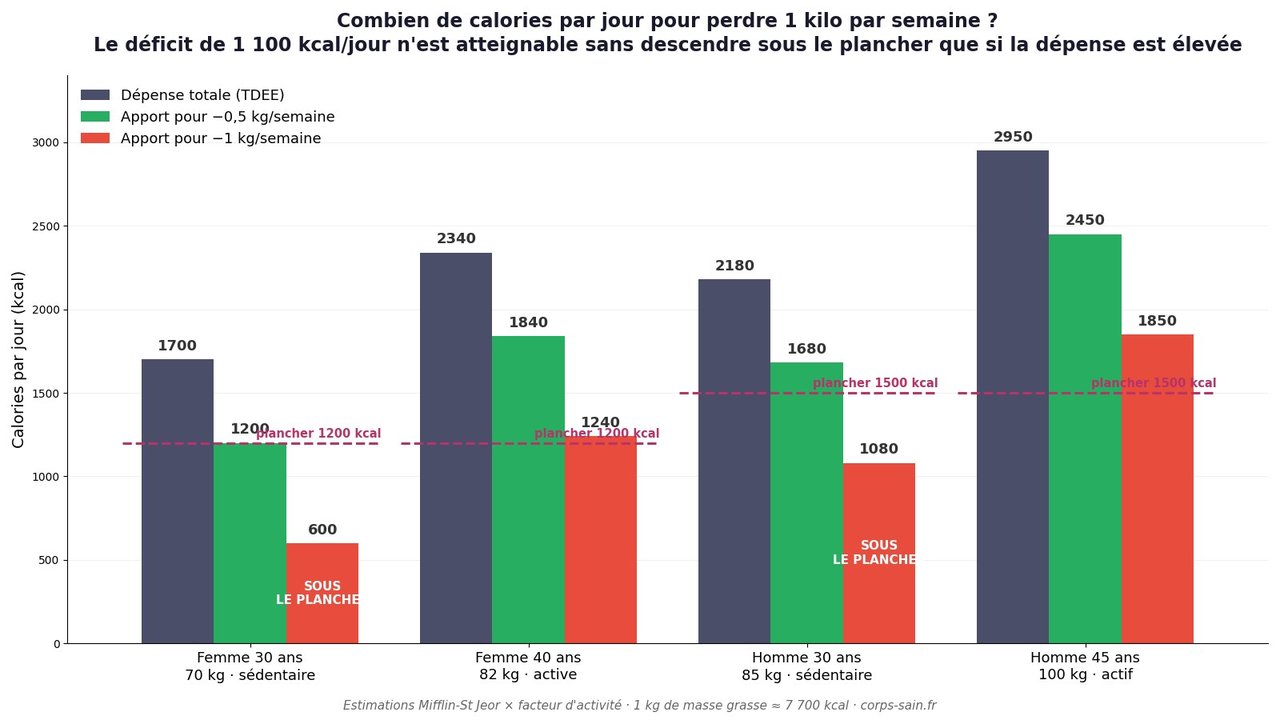 Infographie : calories par jour pour perdre 1 kilo par semaine selon quatre profils et planchers de sécurité