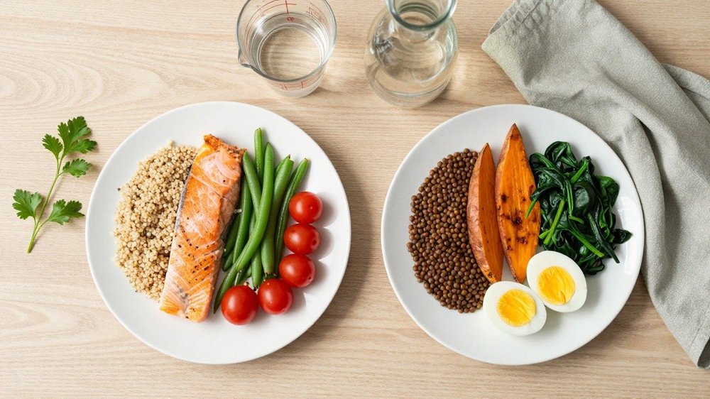 Deux assiettes équilibrées pesées pour calculer les calories par jour et perdre 1 kilo par semaine
