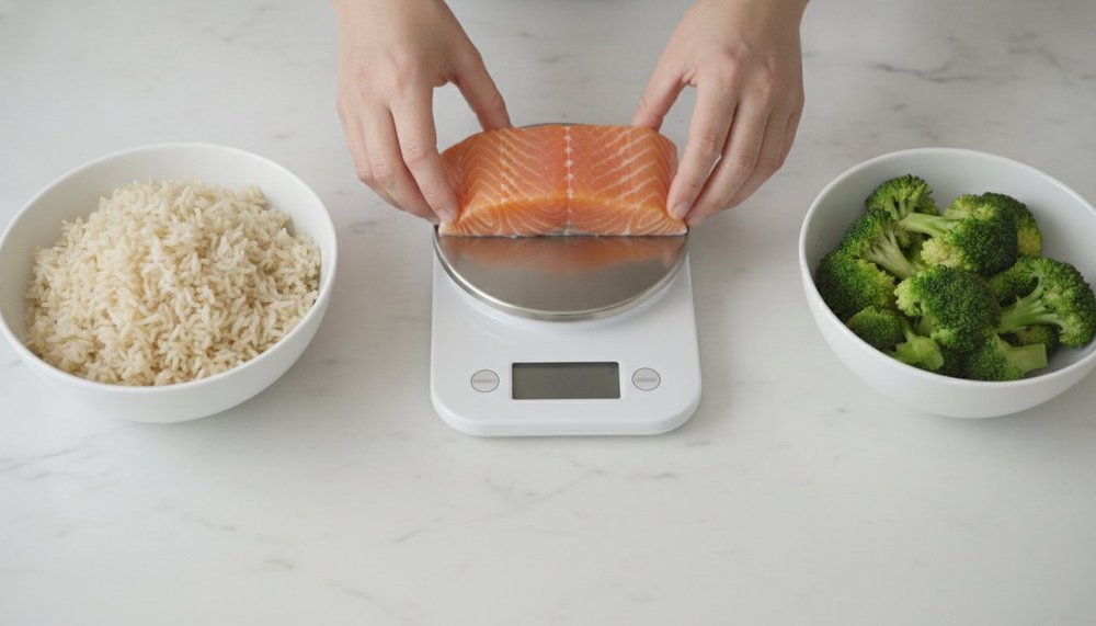 Pesée d'une portion de protéines sur une balance de cuisine pour respecter son objectif calorique