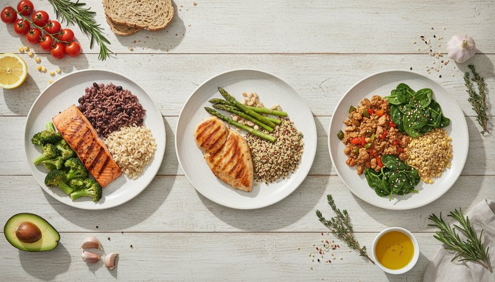 Trois assiettes équilibrées illustrant la réduction progressive des portions en déficit calorique