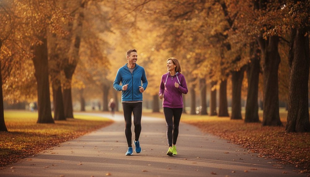 Couple de quadragénaires en marche rapide dans un parc pour augmenter la dépense calorique quotidienne
