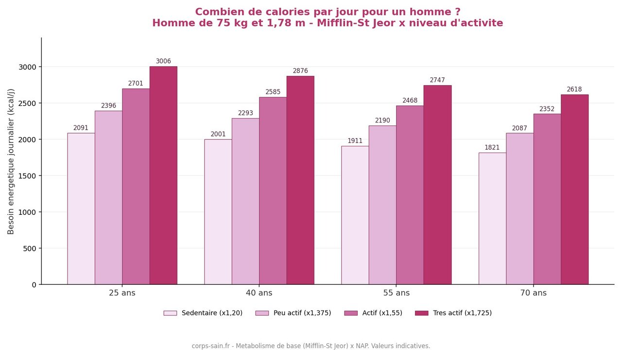 Infographie des besoins caloriques journaliers d'un homme selon l'âge et le niveau d'activité physique