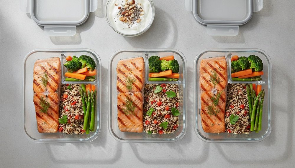 Repas préparés à l'avance et portionnés pour respecter un apport calorique journalier précis