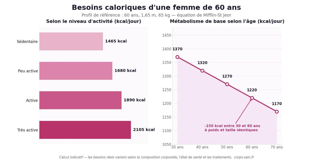 Infographie des besoins caloriques d'une femme de 60 ans selon l'activité et évolution du métabolisme de base avec l'âge