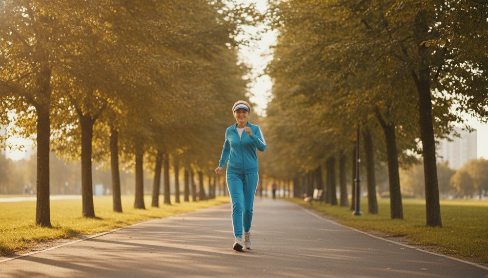 Femme de 60 ans marchant d'un bon pas dans un parc