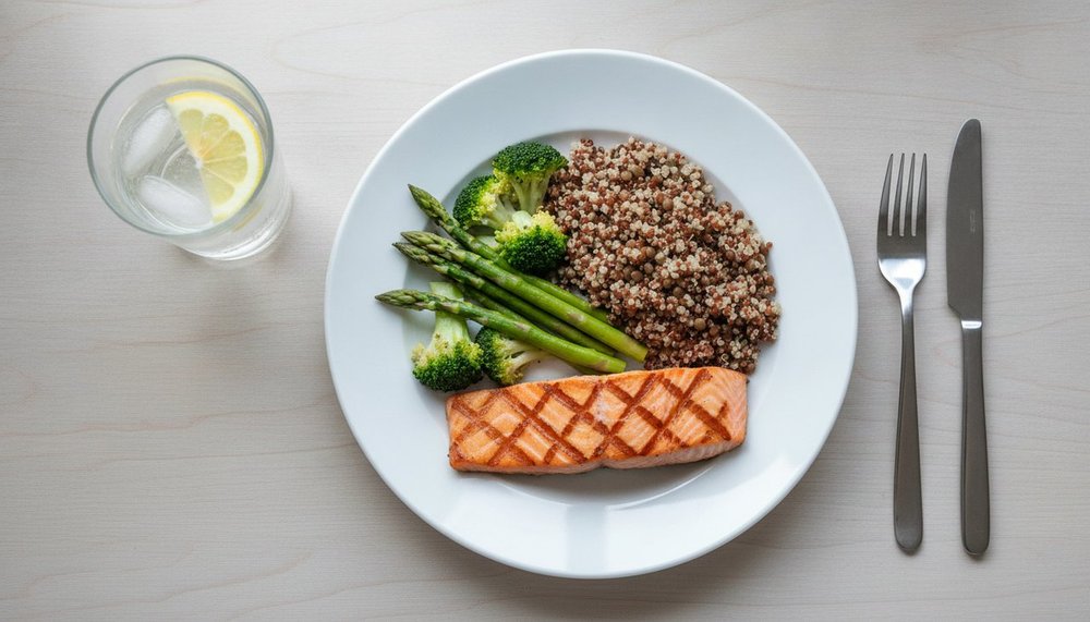 Assiette équilibrée avec saumon, légumes verts, quinoa et lentilles