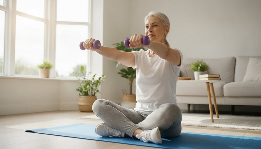 Femme de 60 ans faisant du renforcement musculaire avec des haltères à la maison