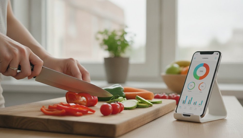 Femme préparant un repas équilibré et calculant ses besoins caloriques quotidiens