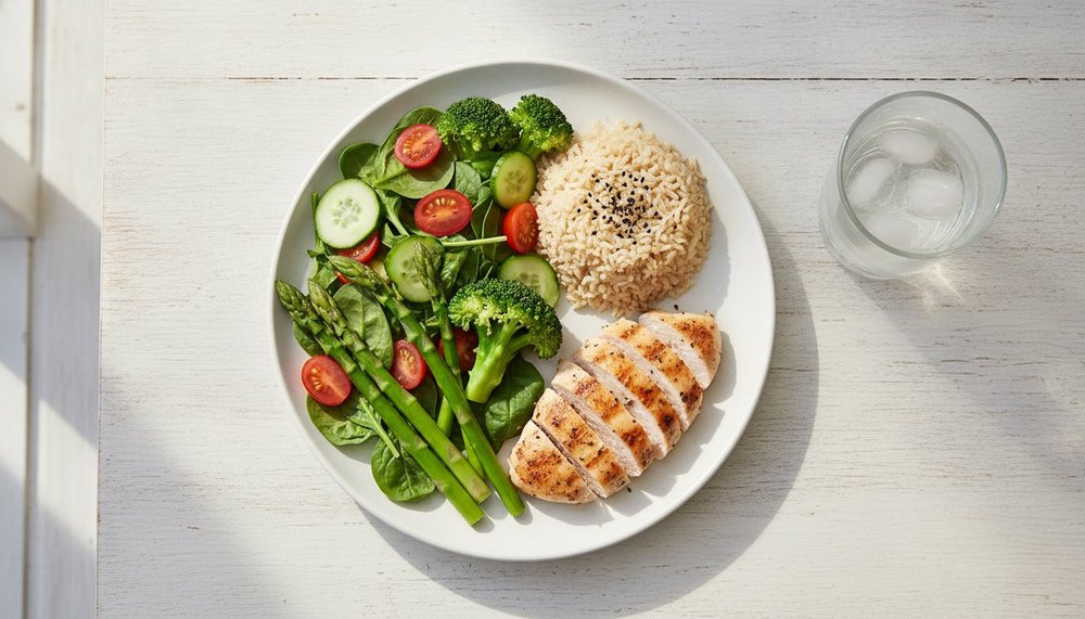 Assiette équilibrée riche en nutriments pour couvrir les besoins caloriques d'une femme active
