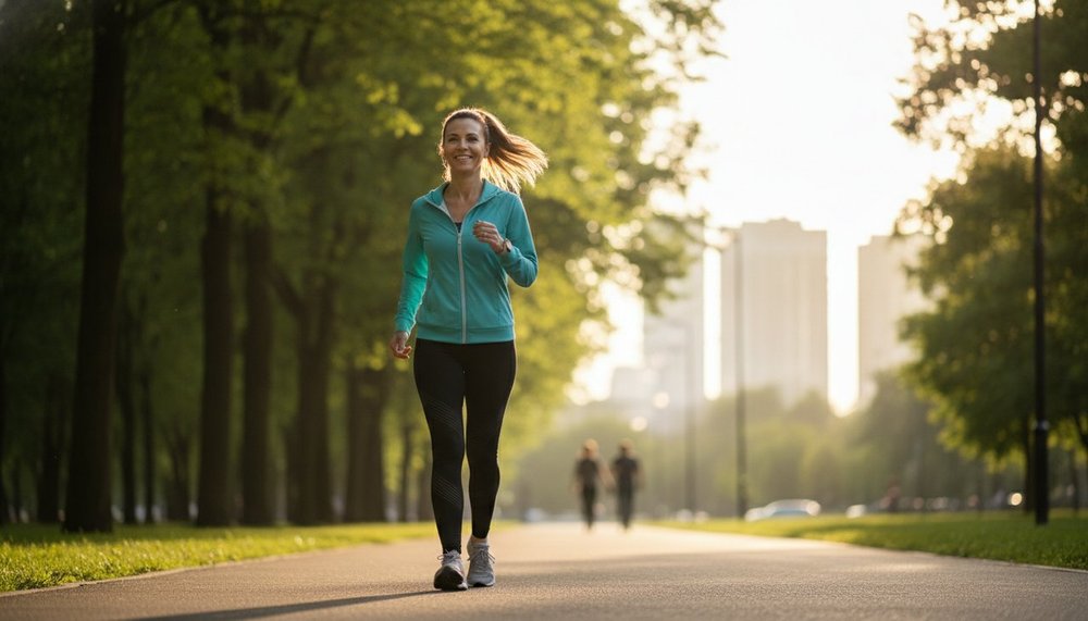 Femme active marchant en extérieur, l'activité quotidienne augmente la dépense calorique journalière
